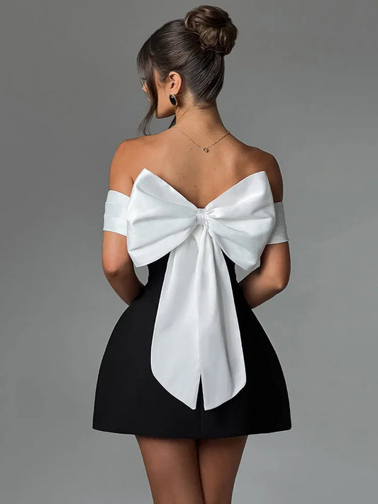 BLACK AND WHITE OFF THE SHOULDER MINI DRESS