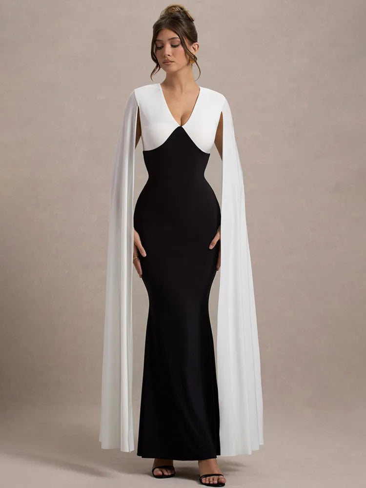 LONG SLEEVE BLACK AND WHITE MAXI DRESS