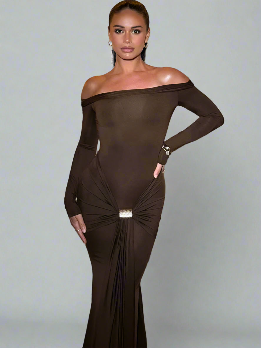 PLEATED STRAPLESS MAXI DRESS