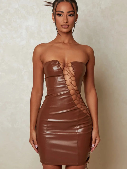 STRAPLESS LEATHER MINI DRESS